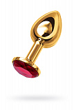 Анальная втулка Metal by TOYFA, металл, золотая, с рубиновым кристаллом, 7,5 см, Ø 3 см, 145 г